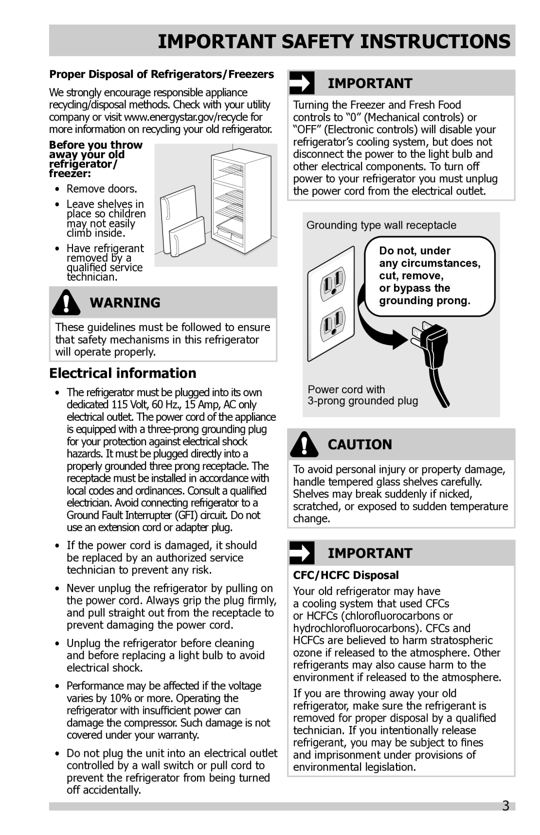 Frigidaire FFTR2021QW Electrical information, Before you throw away your old refrigerator/ freezer, CFC/HCFC Disposal 