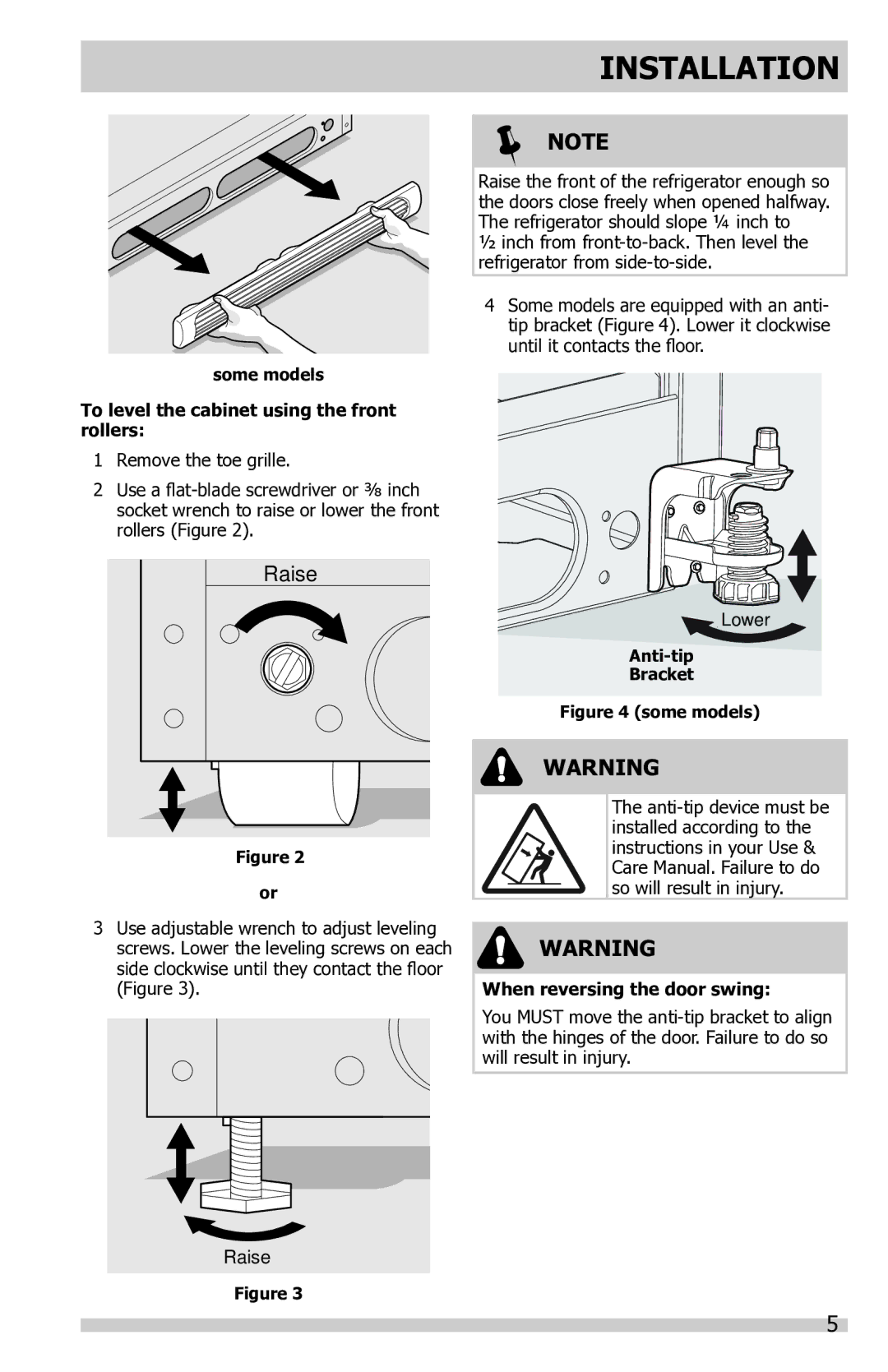 Frigidaire FGTR1845QF, FFTR2021QB, FFTR2021QS To level the cabinet using the front rollers, When reversing the door swing 