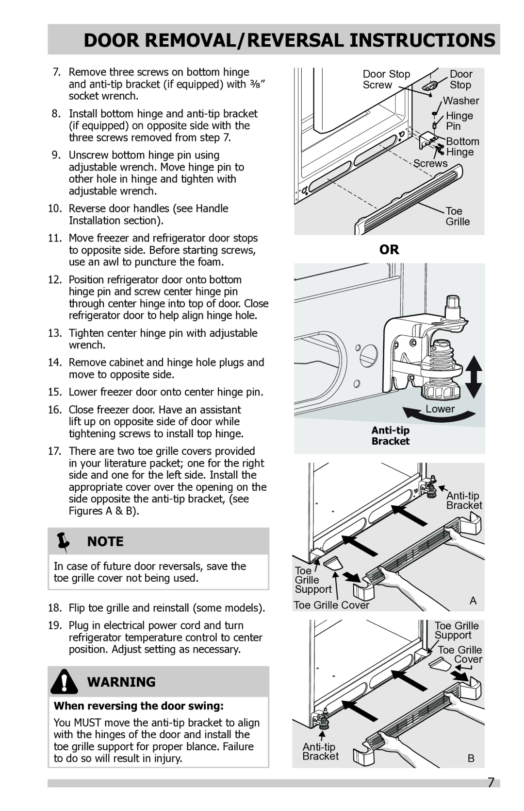 Frigidaire FFTR2021QS, FGTR1845QF, FFTR2021QB, FFTR2021QW, FFTR1614QW important safety instructions Door Stop Screw 