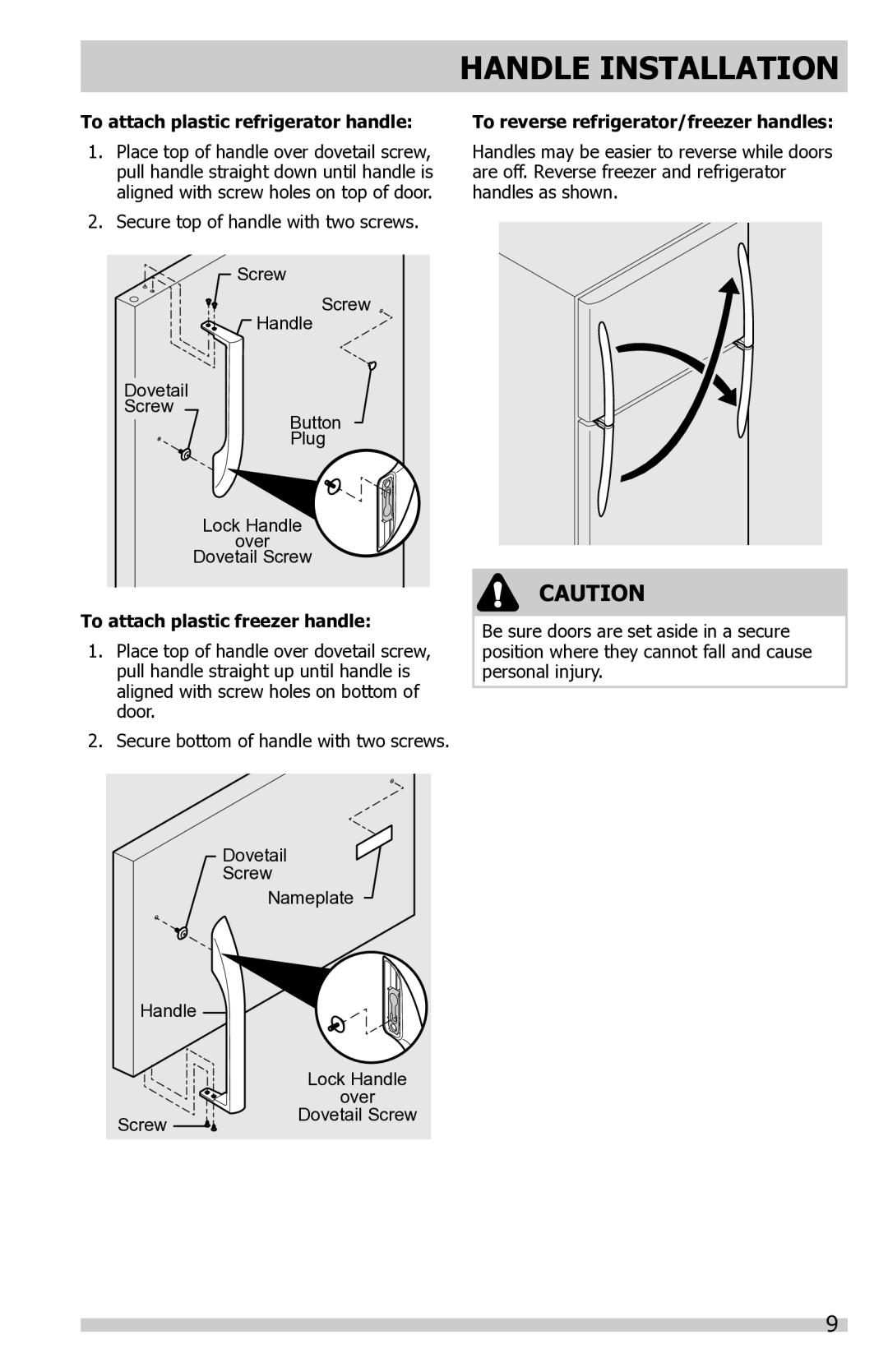 Frigidaire FFTR1614QW, FGTR1845QF, FFTR2021QB To attach plastic refrigerator handle, To attach plastic freezer handle 