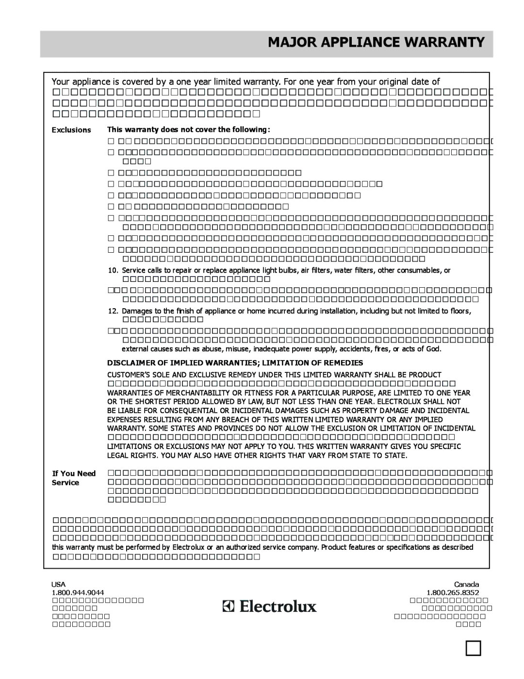 Frigidaire FGUI2149LF important safety instructions Major appliance warranty, Exclusions 