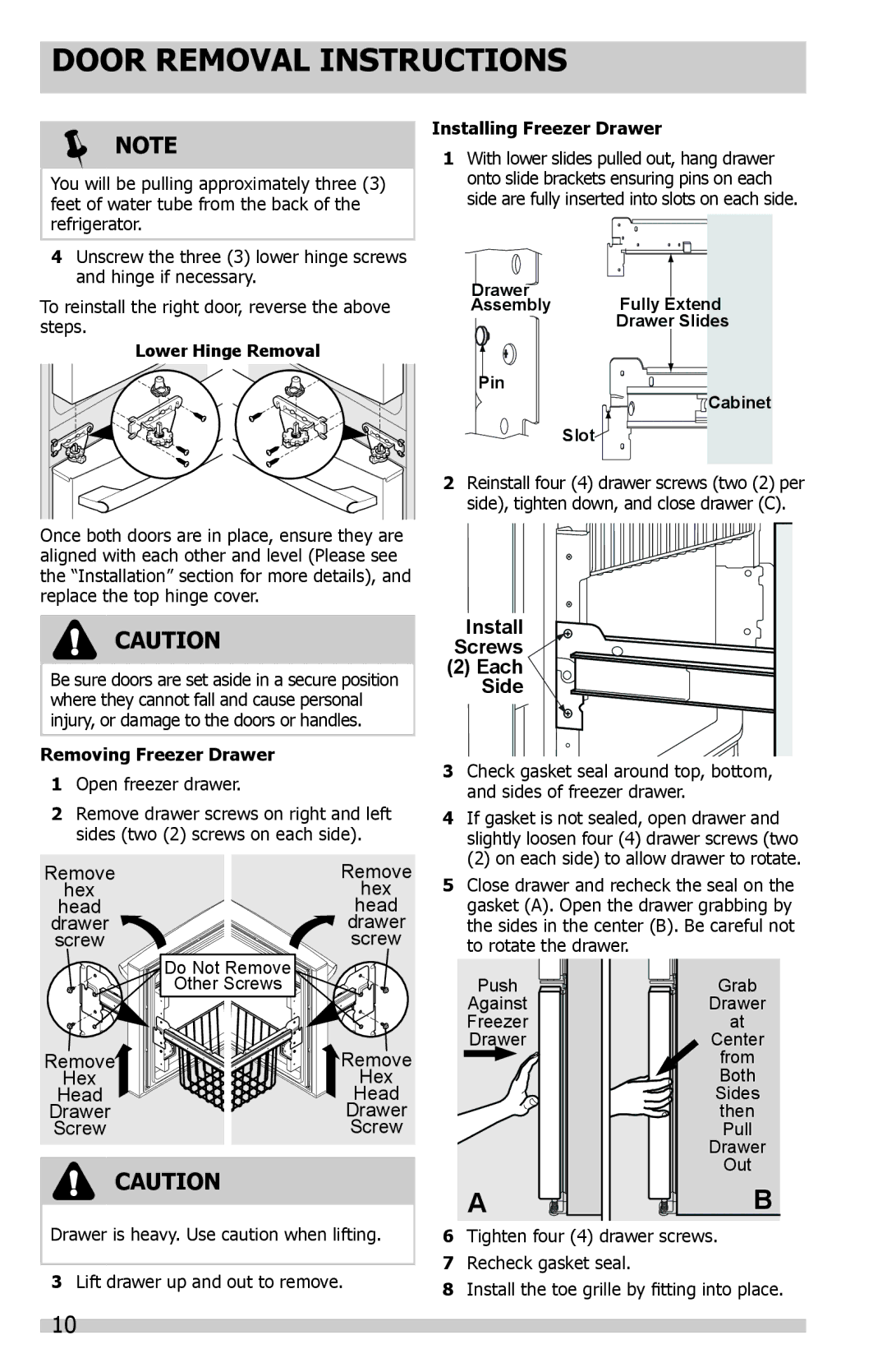 Frigidaire FGHG2344MF, FGUS2647LF, FGUS2632LE manual Installing Freezer Drawer, Removing Freezer Drawer, Open freezer drawer 