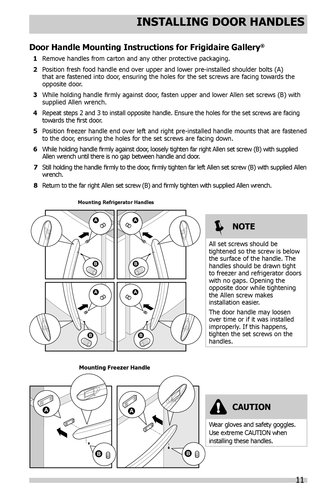 Frigidaire FPHG2399MF, FGUS2647LF manual Installing Door Handles, Door Handle Mounting Instructions for Frigidaire Gallery 