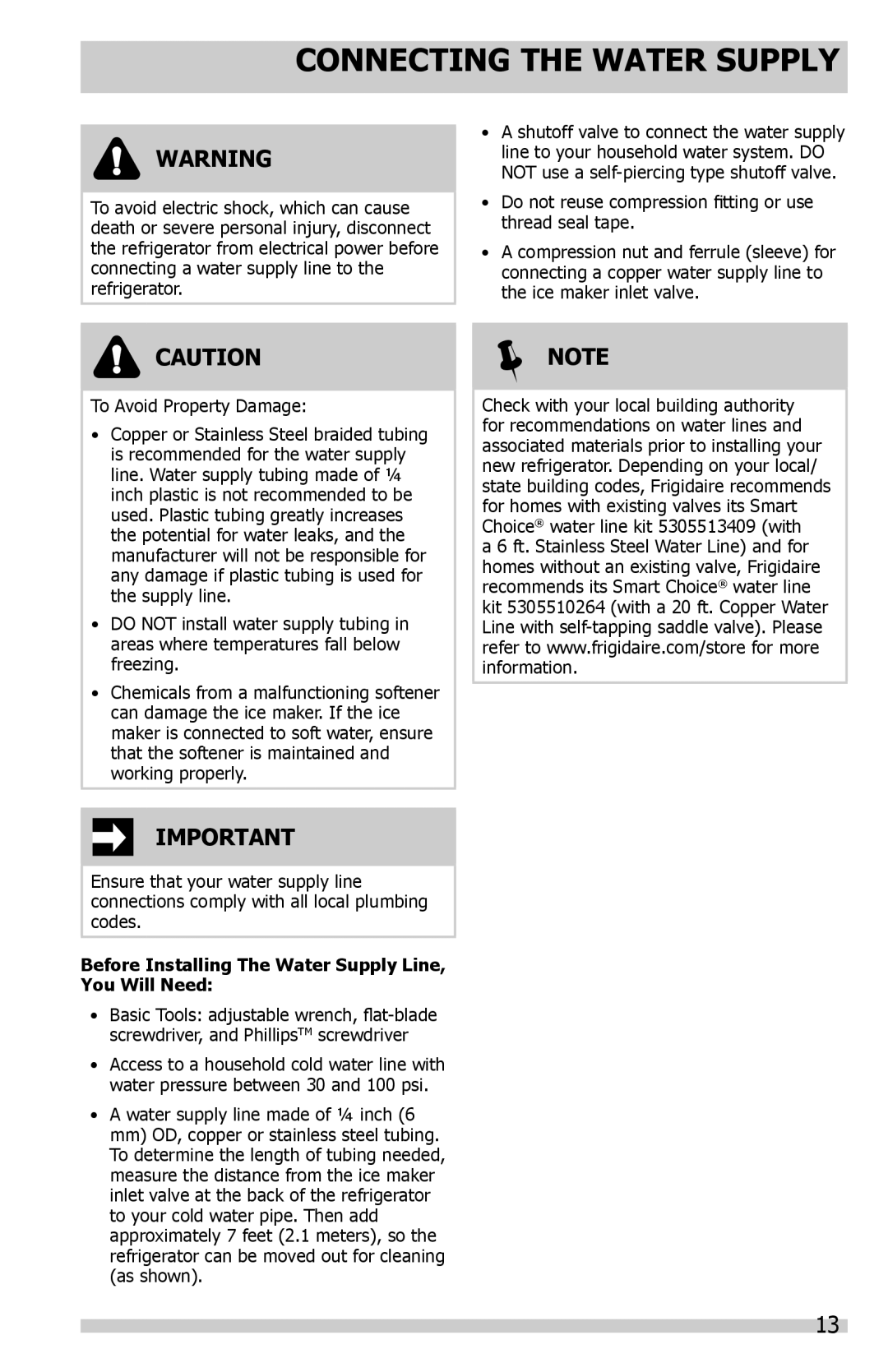 Frigidaire FGUS2632LE, FGUS2647LF manual Connecting the Water Supply, Before Installing The Water Supply Line, You Will Need 