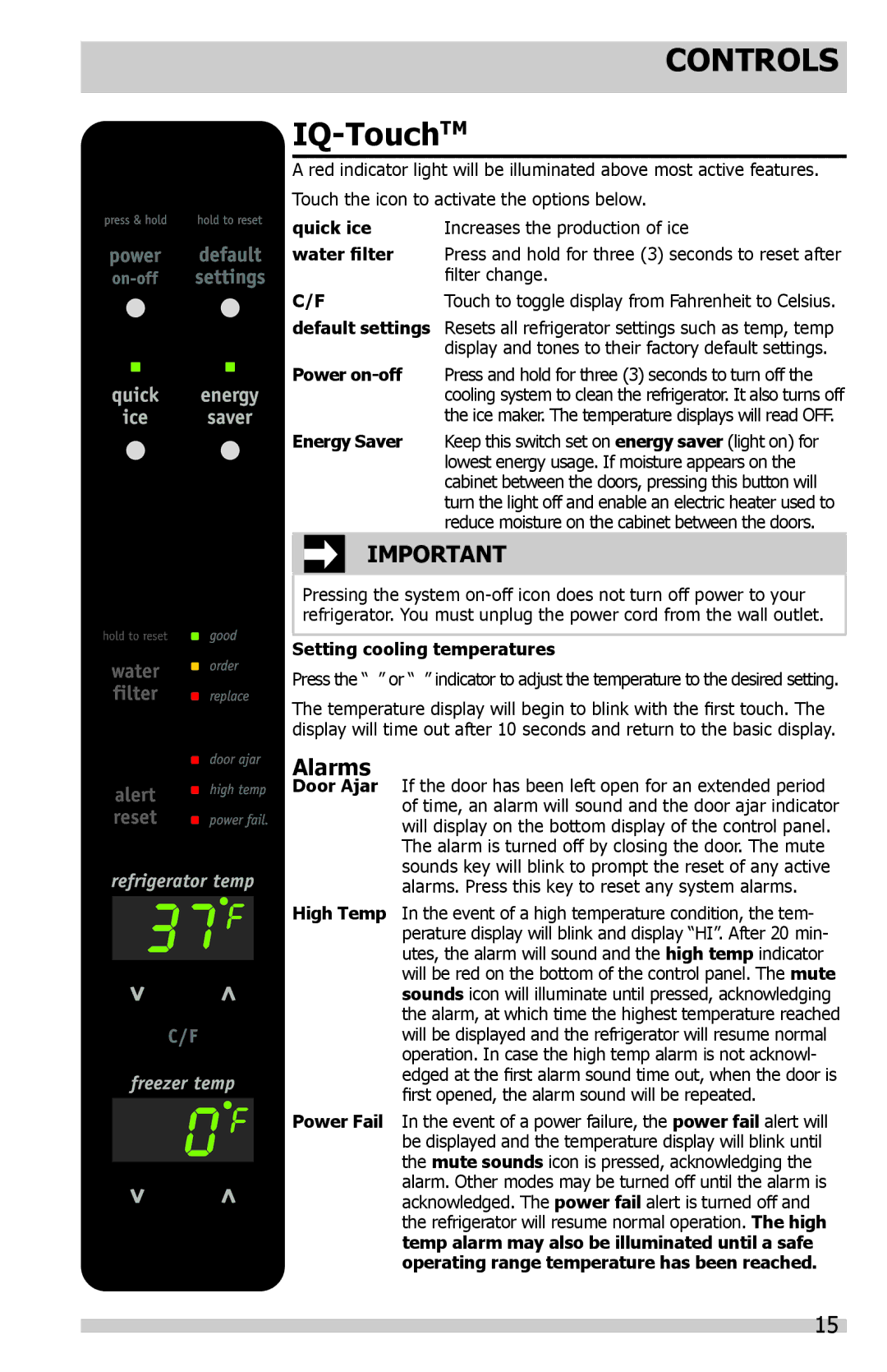 Frigidaire FGUS2632LP, FGUS2647LF, FGUS2632LE, FGUN2642LP, FGUS2645LF, FGUN2642LE, FGUN2642LF manual Controls, IQ-TouchTM, Alarms 