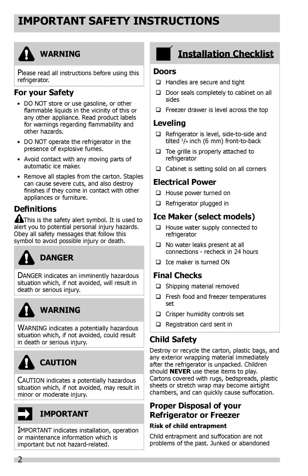 Frigidaire FGUN2642LP, FGUS2647LF, FGUS2632LE, FGUS2632LP, FGUS2645LF, FGUN2642LE, FGUN2642LF Important Safety Instructions 