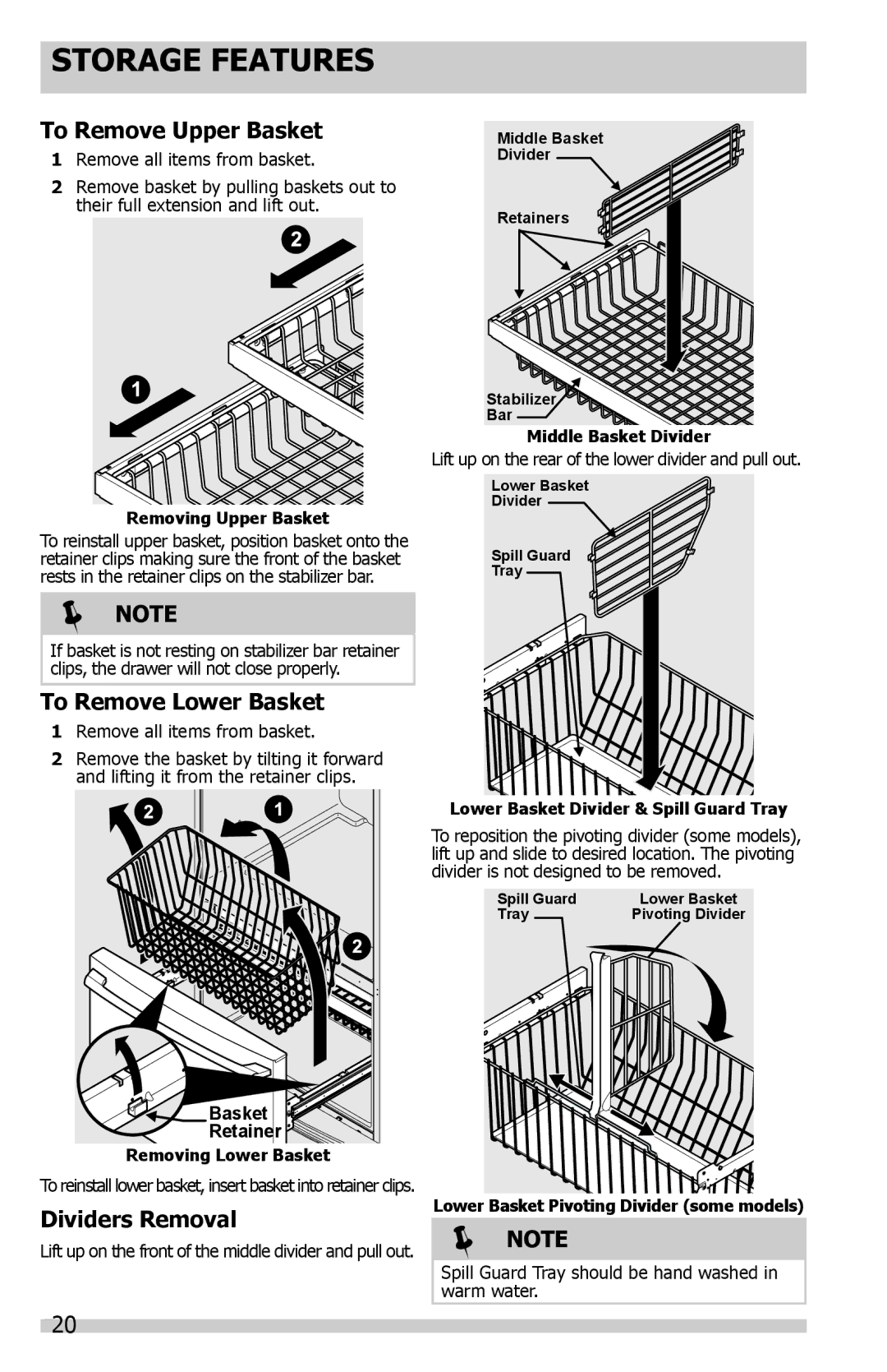 Frigidaire FGHN2844LP, FGUS2647LF, FGUS2632LE, FGUN2642LP To Remove Upper Basket, To Remove Lower Basket, Dividers Removal 