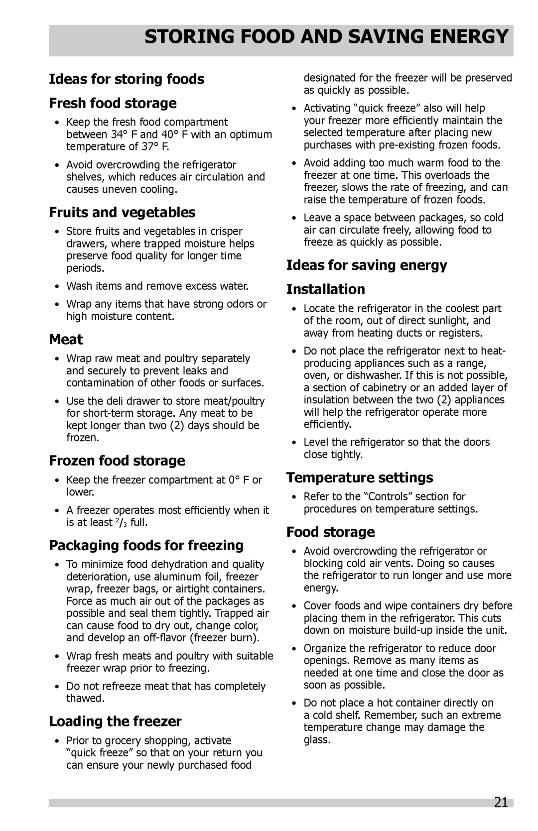 Frigidaire FGHN2844LF, FGUS2647LF, FGUS2632LE, FGUN2642LP, FGUS2632LP, FGUS2645LF, FGUN2642LE Storing Food and Saving Energy 