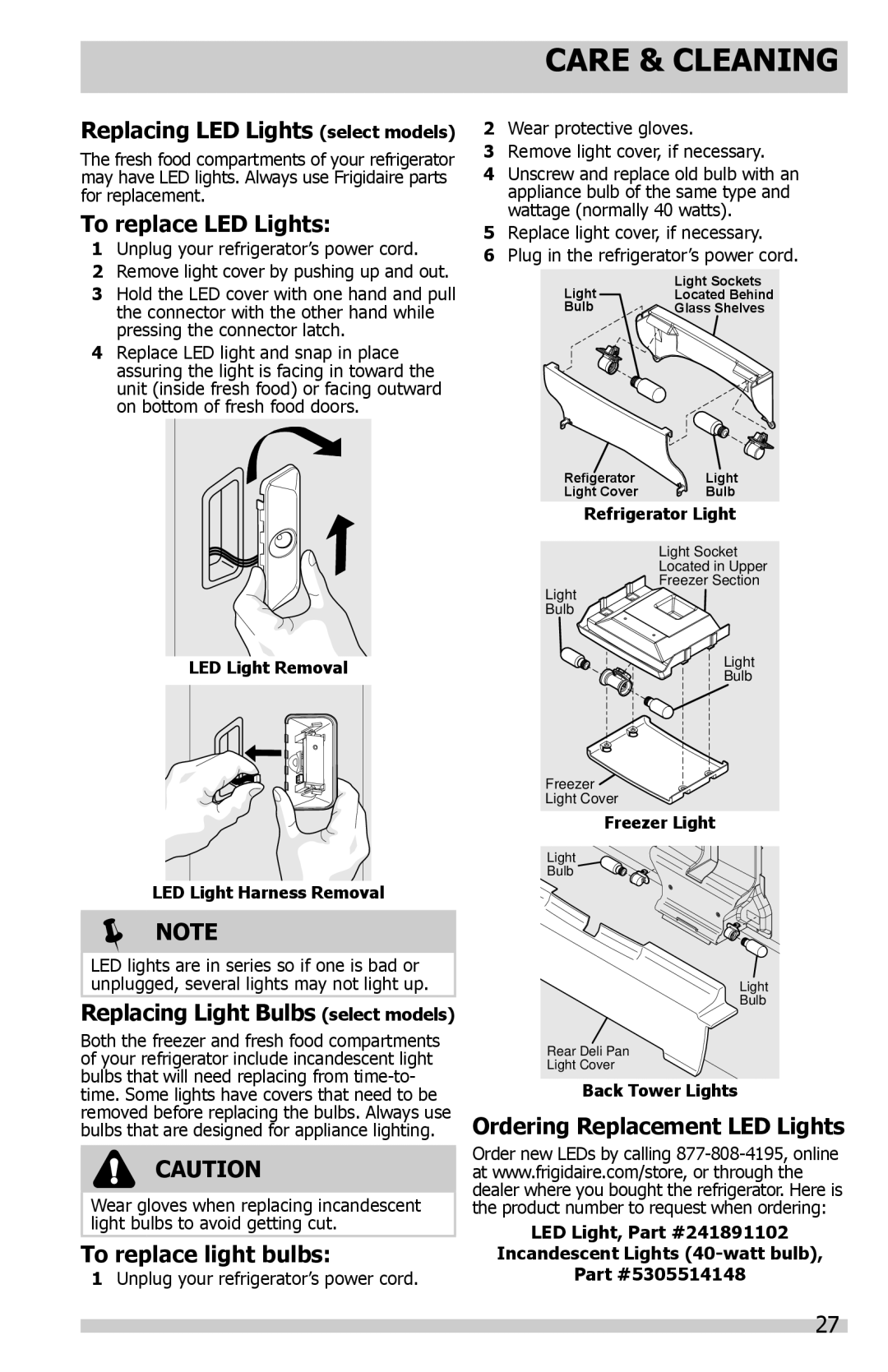 Frigidaire FGUS2632LP manual Replacing LED Lights select models, To replace LED Lights, Replacing Light Bulbs select models 