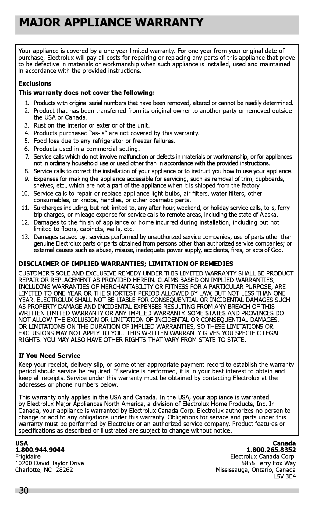 Frigidaire FGUN2642LF, FGUS2647LF manual Major Appliance Warranty, Exclusions This warranty does not cover the following 