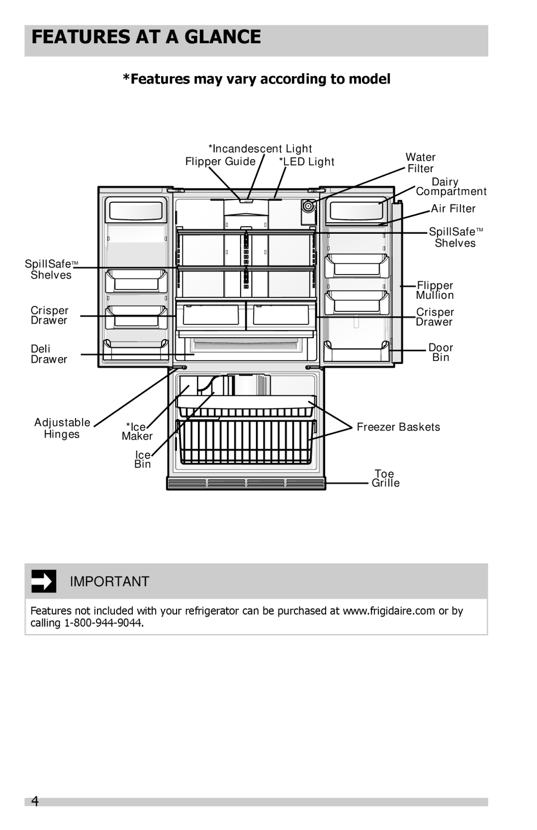 Frigidaire FGUS2645LF, FGUS2647LF, FGUS2632LE, FGUN2642LP manual Features AT a Glance, Features may vary according to model 