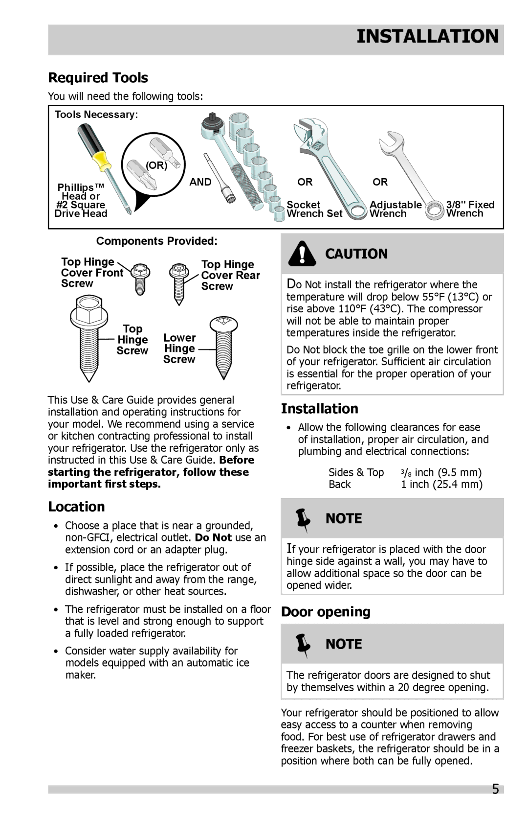 Frigidaire FGUN2642LE, FGUS2647LF, FGUS2632LE, FGUN2642LP, FGUS2632LP Installation, Required Tools, Location, Door opening 