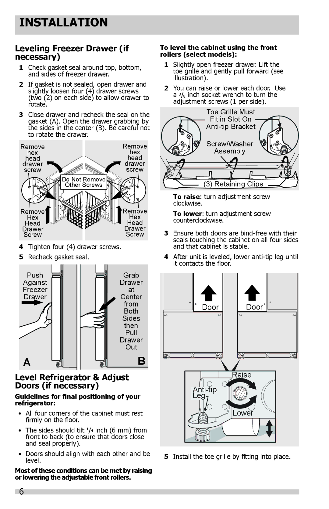 Frigidaire FGUN2642LF, FGUS2647LF Leveling Freezer Drawer if necessary, Level Refrigerator & Adjust, Doors if necessary 