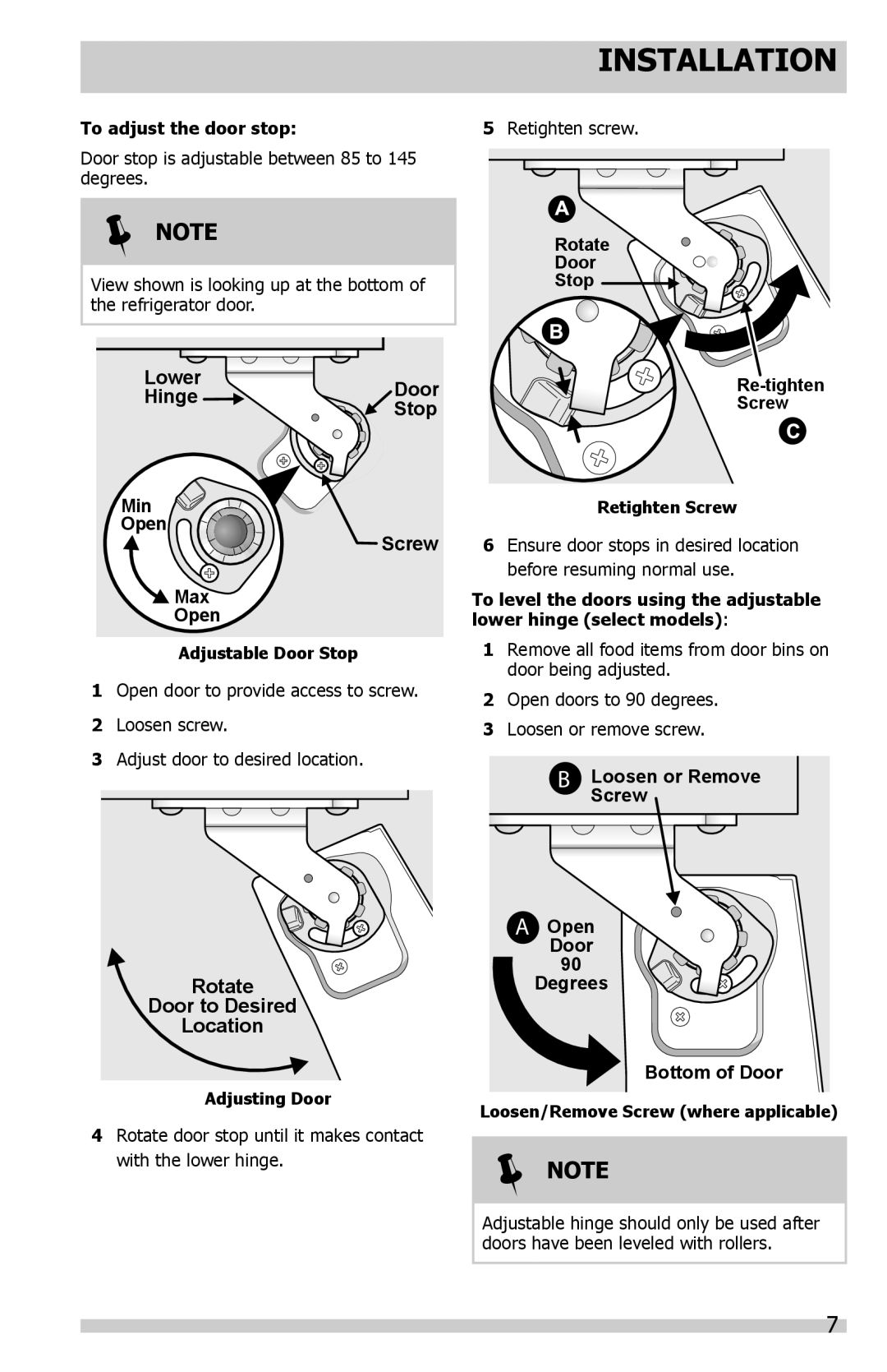 Frigidaire FGHN2844LE manual To adjust the door stop, Door stop is adjustable between 85 to 145 degrees, Retighten screw 