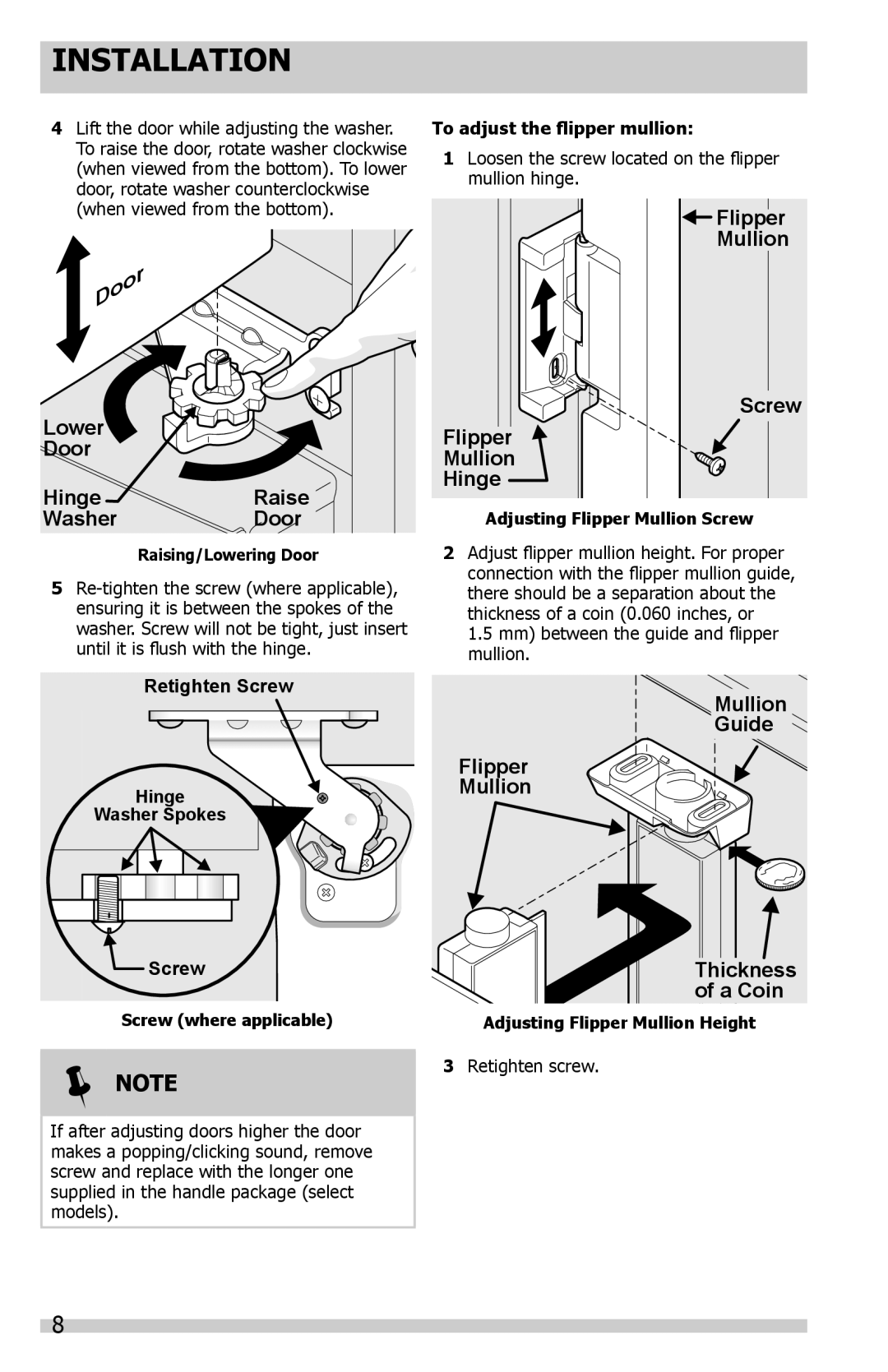 Frigidaire FGHN2844LP, FGUS2647LF To adjust the flipper mullion, Loosen the screw located on the flipper mullion hinge 