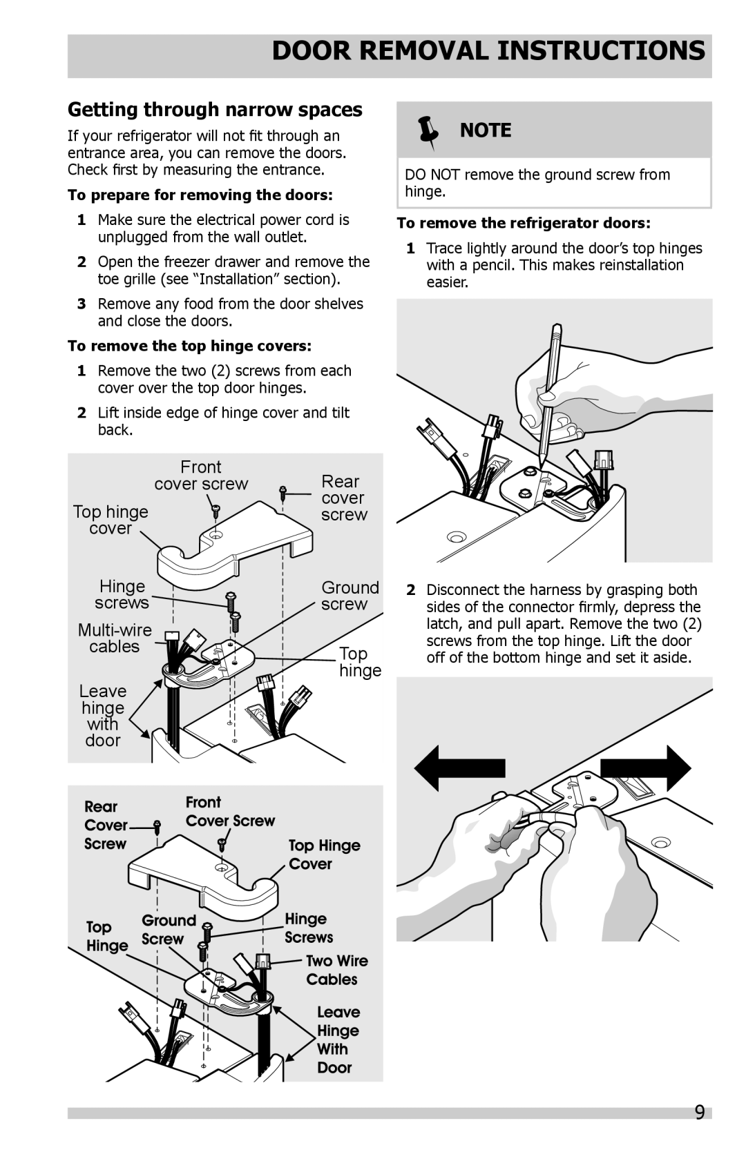 Frigidaire FGHN2844LF manual Door Removal Instructions, Getting through narrow spaces, To prepare for removing the doors 