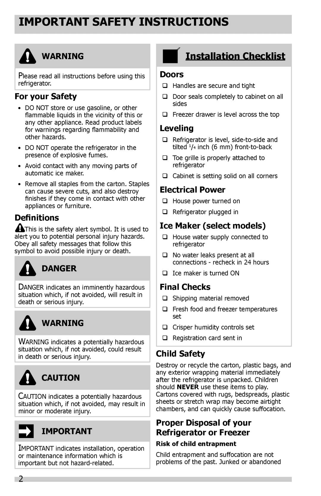 Frigidaire FGUN2642LP Important Safety Instructions, For your Safety, Definitions, Danger, Doors, Leveling, Final Checks 