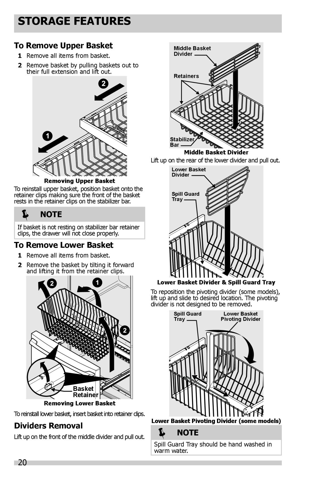 Frigidaire FGHN2844LP manual To Remove Upper Basket, To Remove Lower Basket, Dividers Removal, Storage Features,  Note 