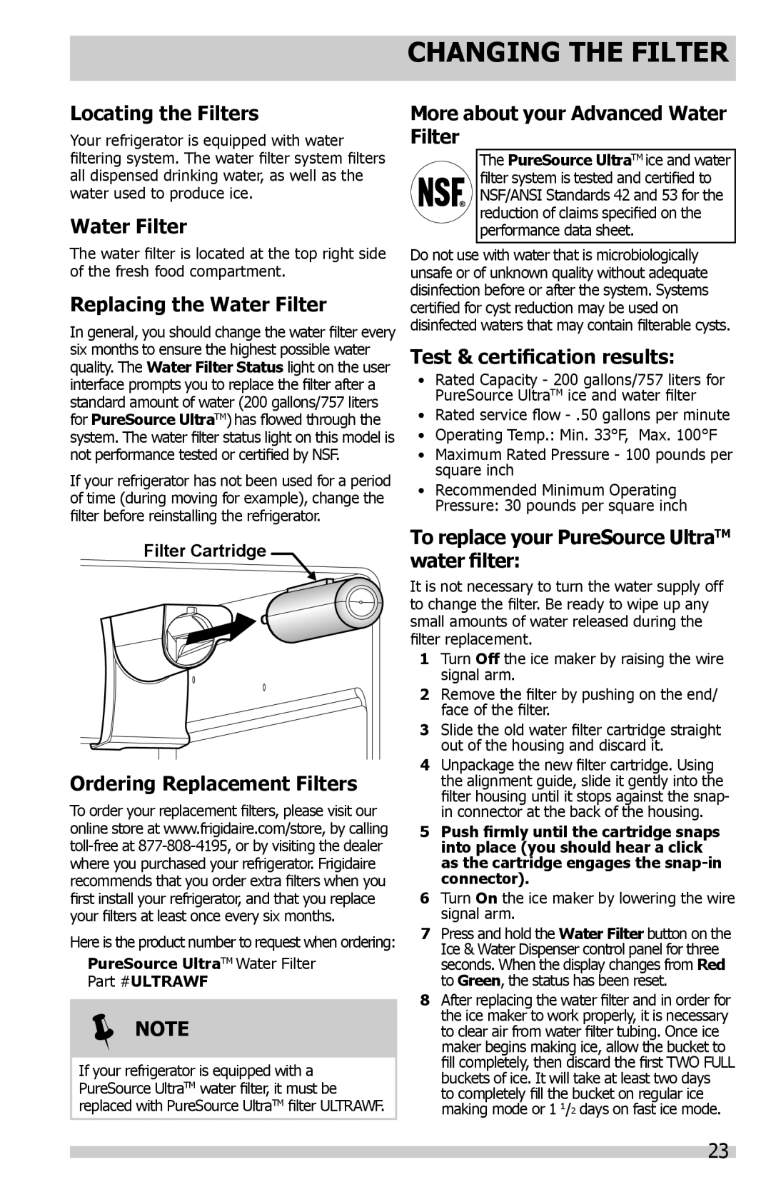 Frigidaire FPHG2399MF Changing The Filter, Locating the Filters, Replacing the Water Filter, Filter Cartridge,  Note 