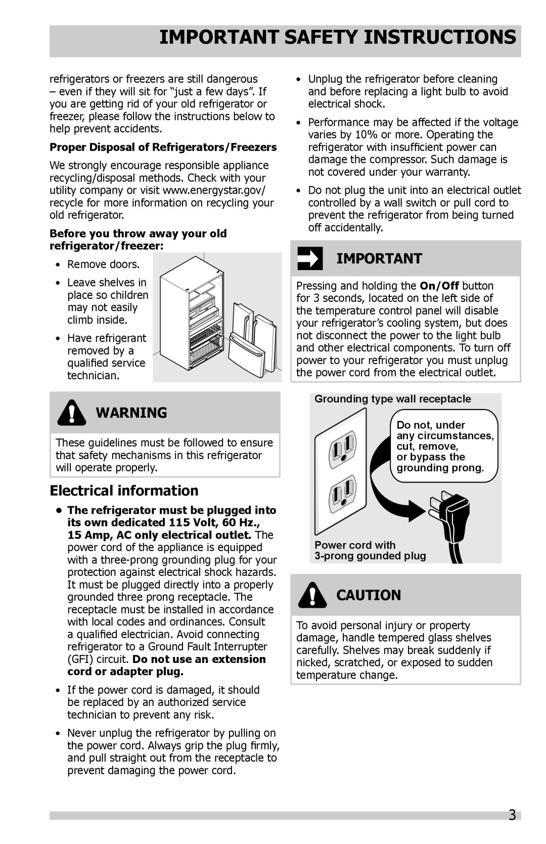 Frigidaire FGUS2632LP Electrical information, Important Safety Instructions, Proper Disposal of Refrigerators/Freezers 