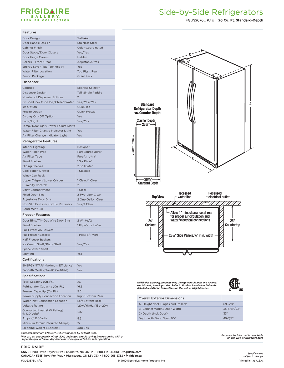 Frigidaire dimensions Side-by-SideRefrigerators, FGUS2676L P / E 26 Cu. Ft. Standard-Depth 
