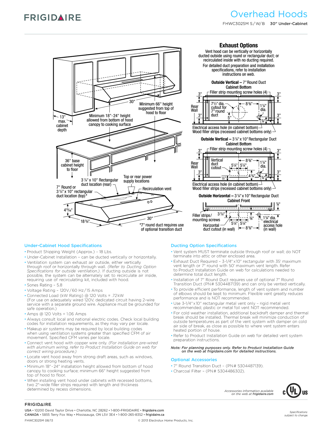 Frigidaire FHWC3025M S/W/B Under-Cabinet Hood Specifications, Ducting Option Specifications, Optional Accessories 