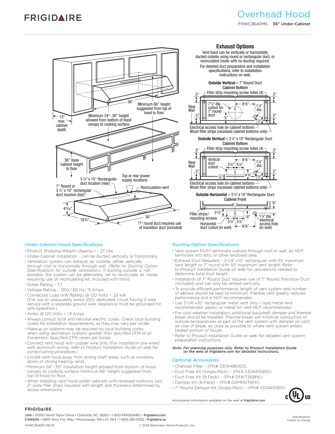 Frigidaire FHWC3640MS Under-Cabinet Hood Specifications, Ducting Option Specifications, Optional Accessories 