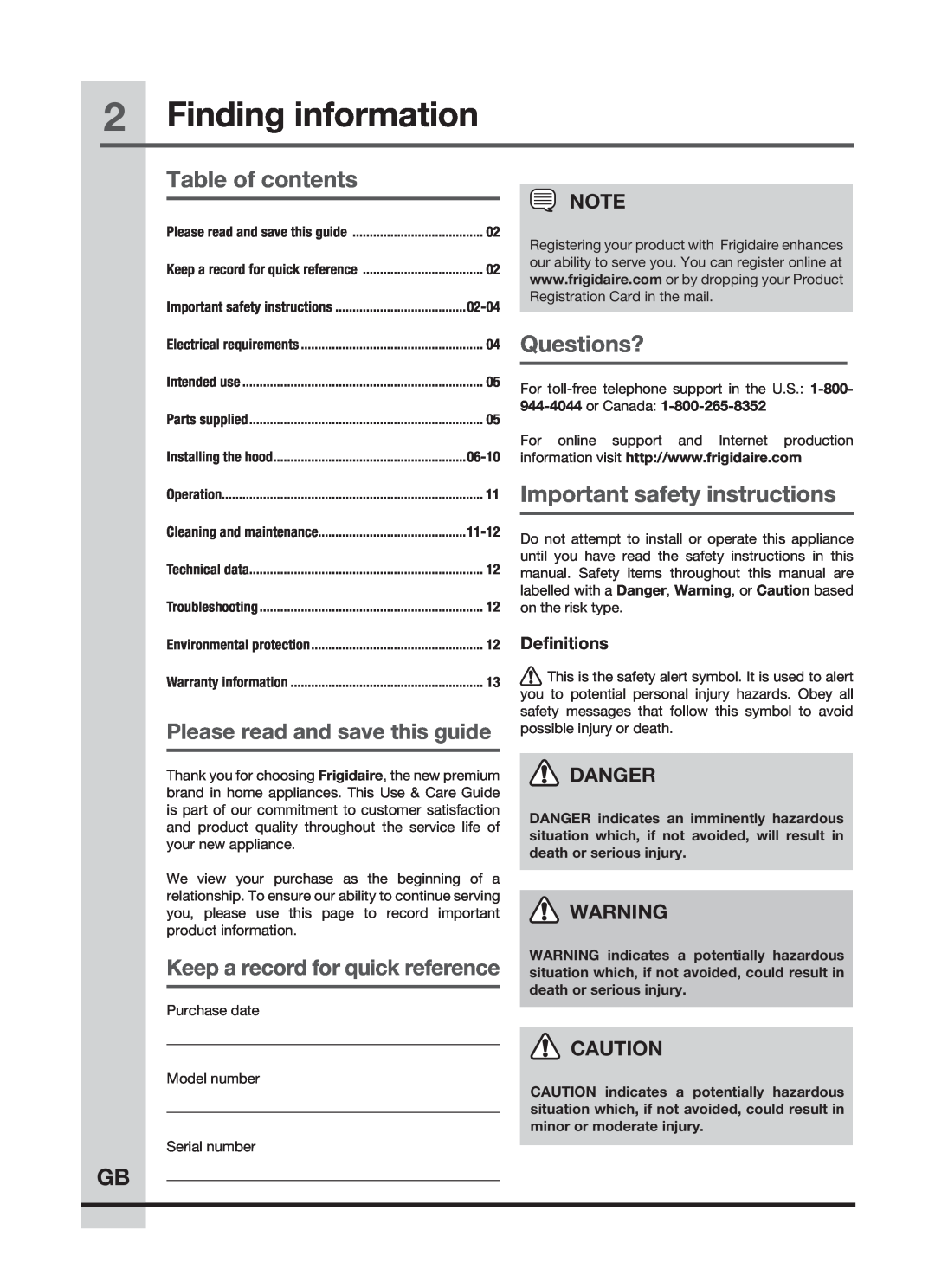 Frigidaire FHWC3060LS manual Finding information, Table of contents, Questions?, Important safety instructions, Danger 