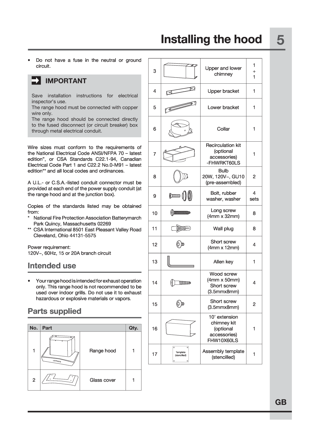 Frigidaire FHWC3060LS, FHWC3660LS, FHWC3655LS manual Installing the hood, Intended use, Parts supplied 