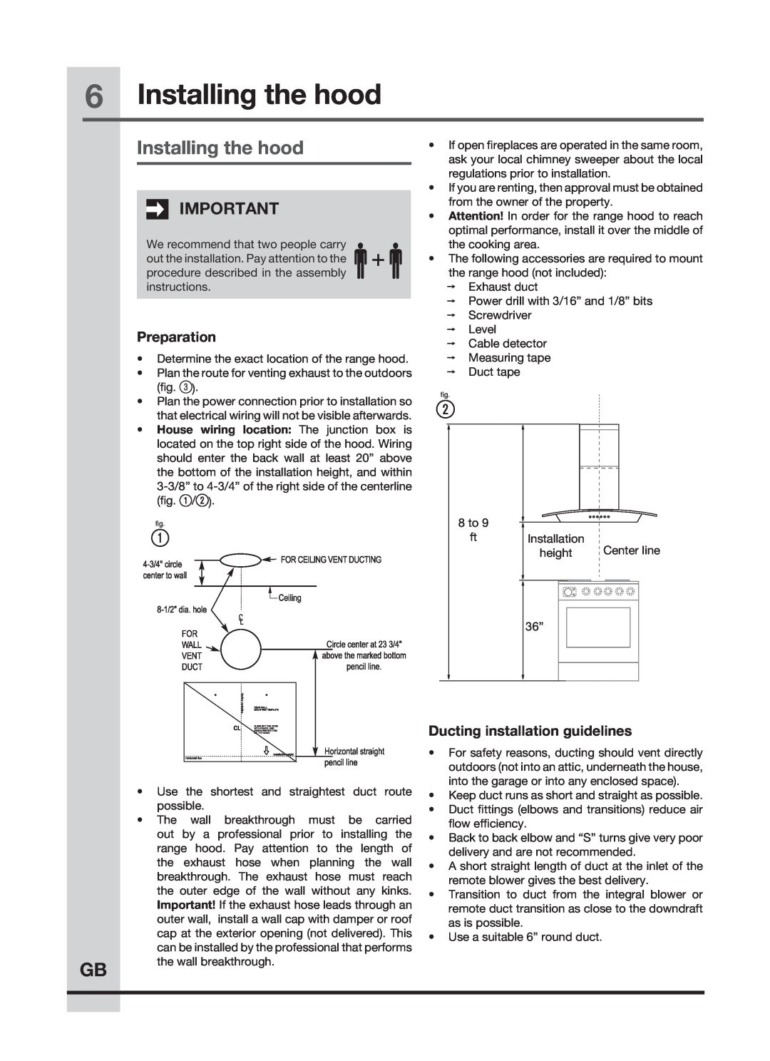 Frigidaire FHWC3660LS, FHWC3655LS, FHWC3060LS manual Installing the hood, Preparation, Ducting installation guidelines 