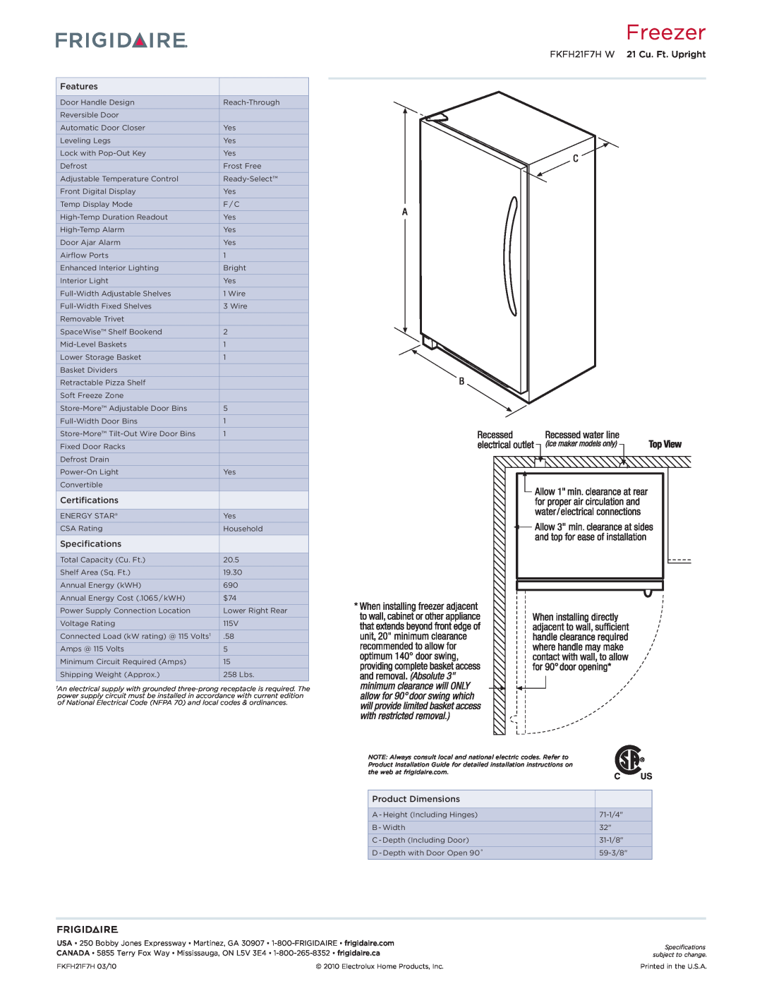 Frigidaire dimensions Freezer, FKFH21F7H W 21 Cu. Ft. Upright 