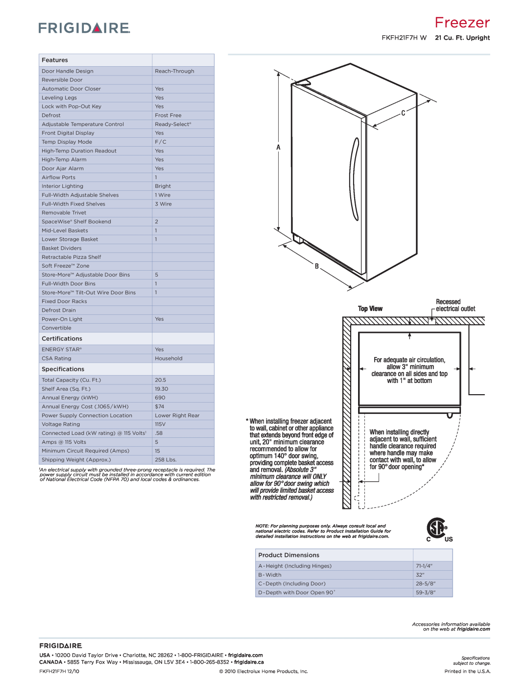 Frigidaire FKFH21F7HW dimensions Freezer, FKFH21F7H W 21 Cu. Ft. Upright 