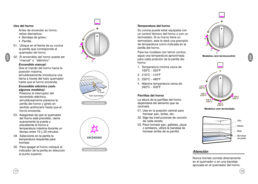 Frigidaire FKGF30MESJW, FKGF20MEI(W,Q,G), FKGF249MPI, FKGF209MMI Uso del horno, Temperatura del horno, Parrillas del horno 