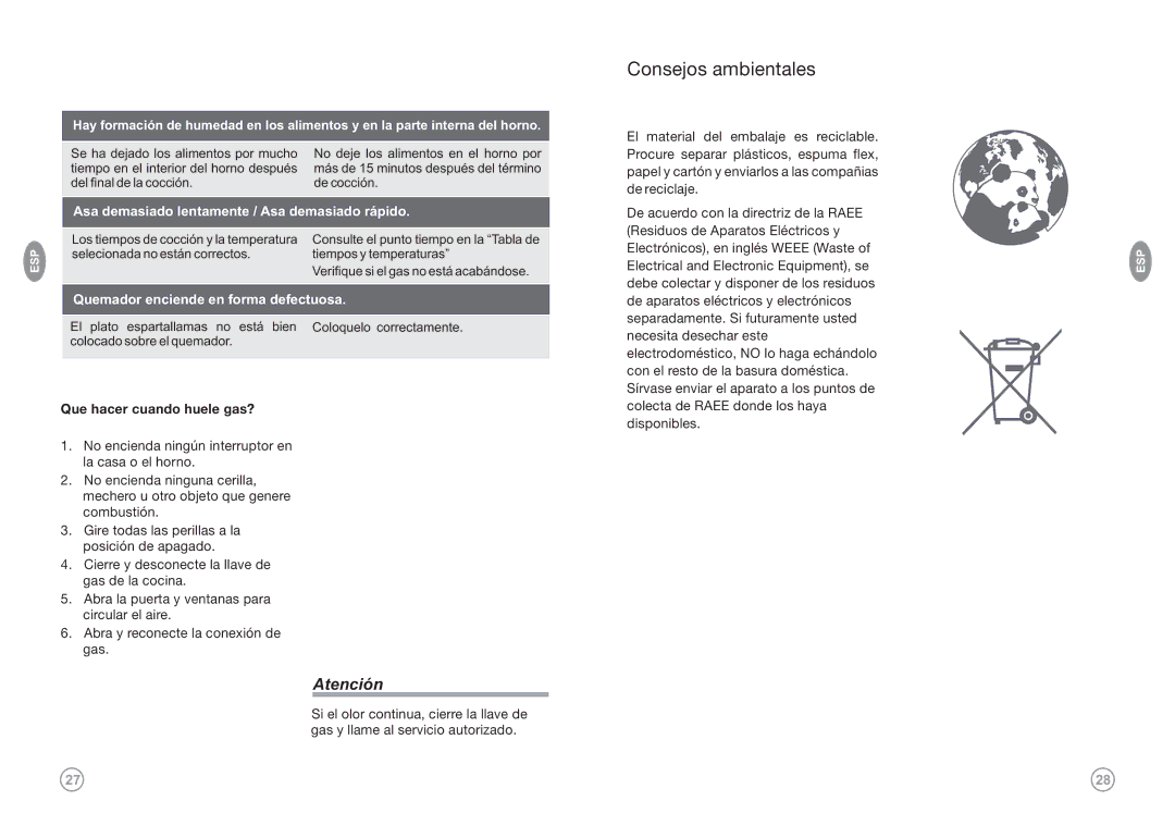 Frigidaire FKGF249MMI, FKGF20MEI(W,Q,G), FKGF249MPI, FKGF209MMI, FKGF249MDI Consejos ambientales, Que hacer cuando huele gas? 