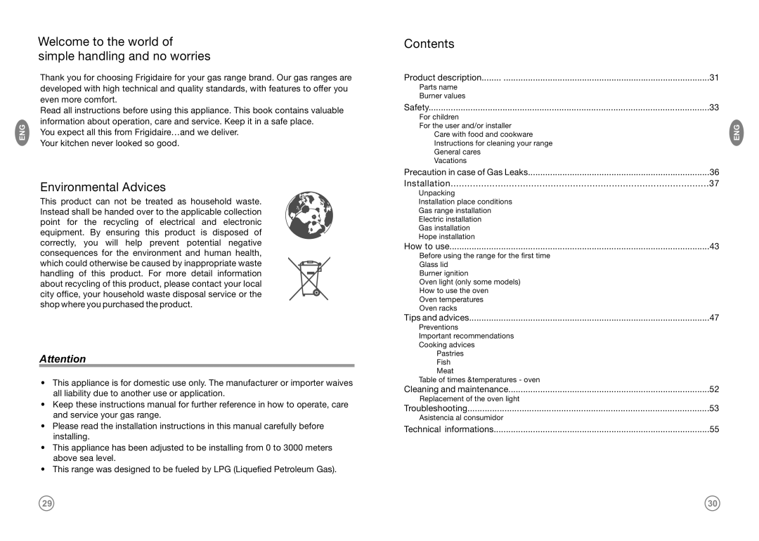 Frigidaire FKGF209MPI, FKGF249MPI Welcome to the world of simple handling and no worries, Environmental Advices, Contents 
