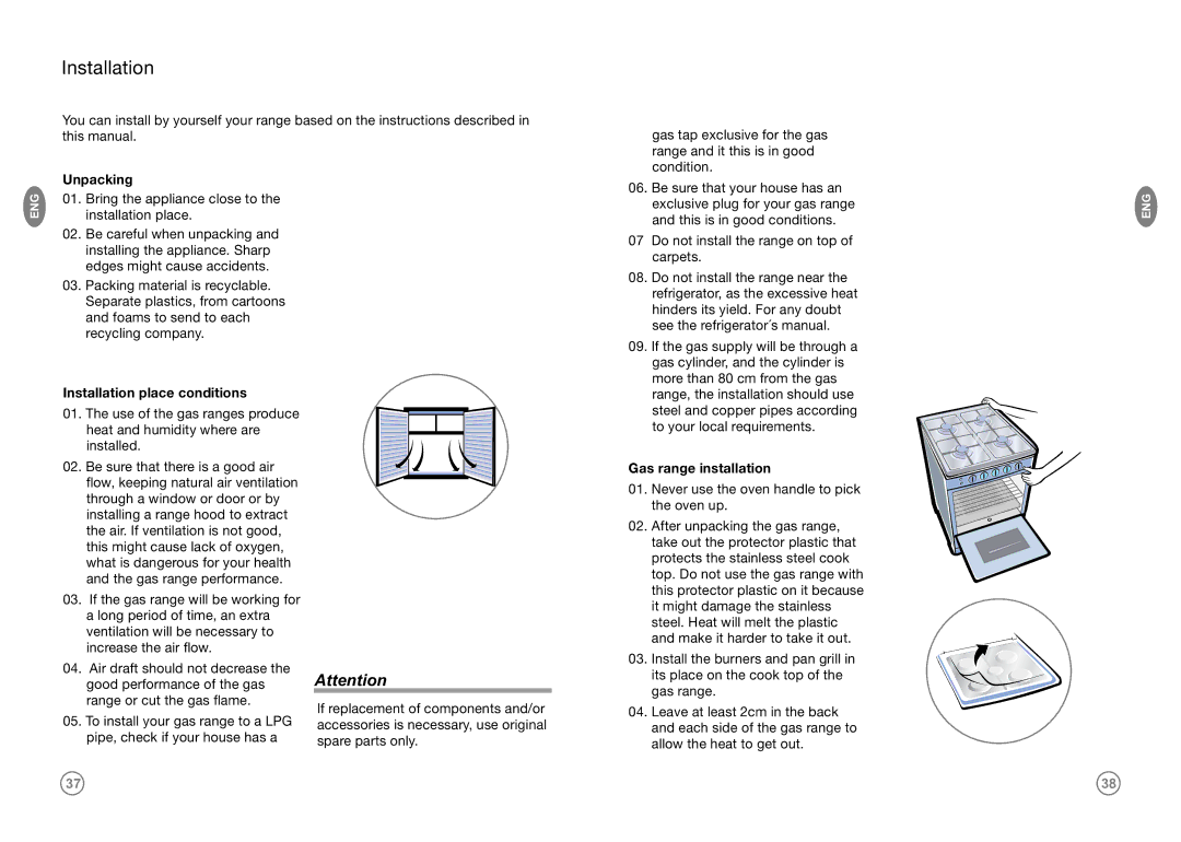 Frigidaire FKGF309MDSJ, FKGF20MEI(W,Q,G), FKGF249MPI Unpacking, Installation place conditions, Gas range installation 