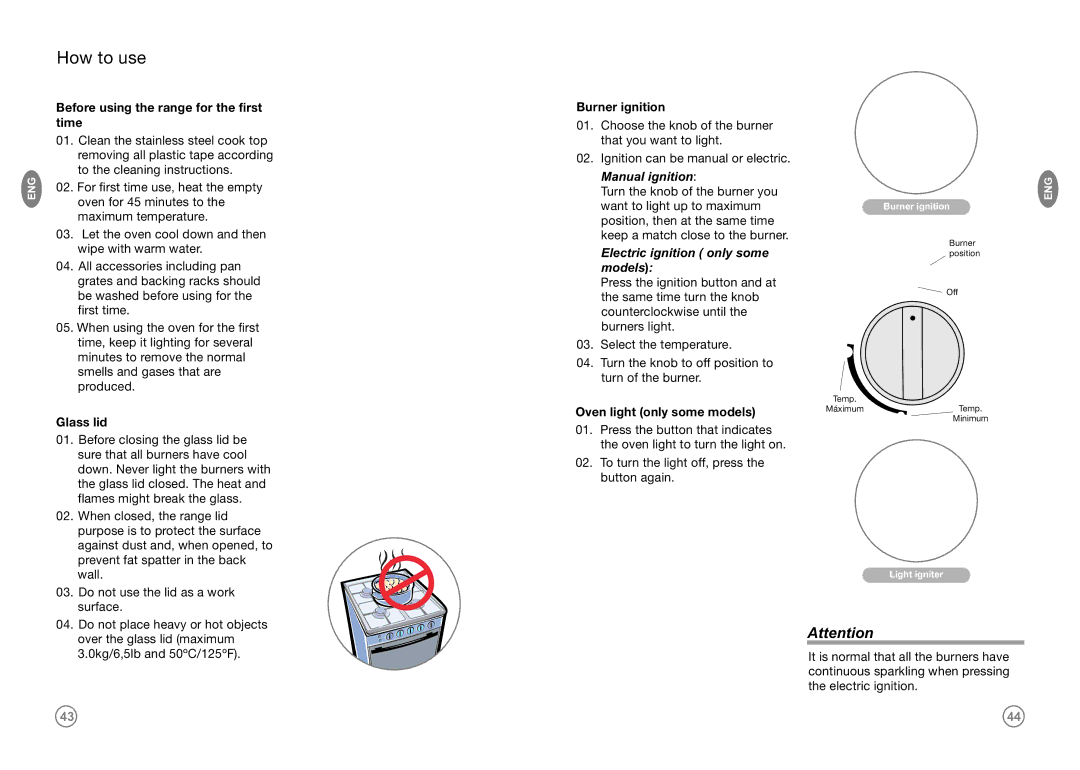 Frigidaire FKGF249MPI, FKGF20MEI(W,Q,G), FKGF209MMI manual How to use, Manual ignition, Electric ignition only some models 