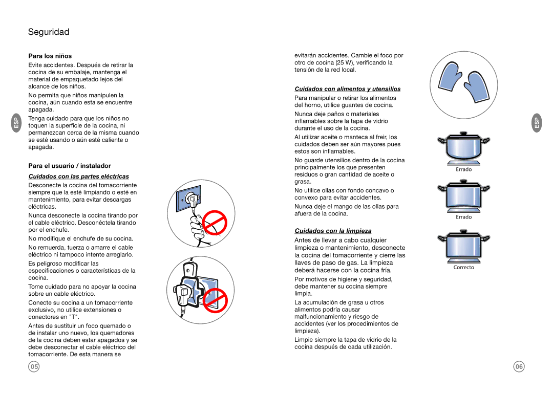 Frigidaire FKGF249MMI, FKGF20MEI(W,Q,G) Seguridad, Cuidados con las partes eléctricas, Cuidados con alimentos y utensilios 