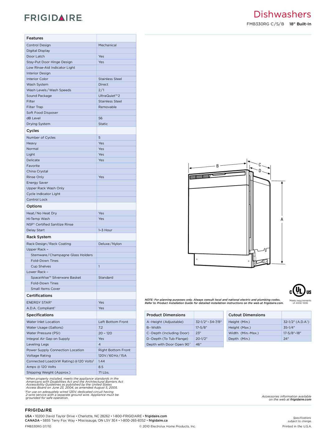 Frigidaire FMB330RG dimensions Features, Cycles, Options, Rack System, Certifications, Specifications 