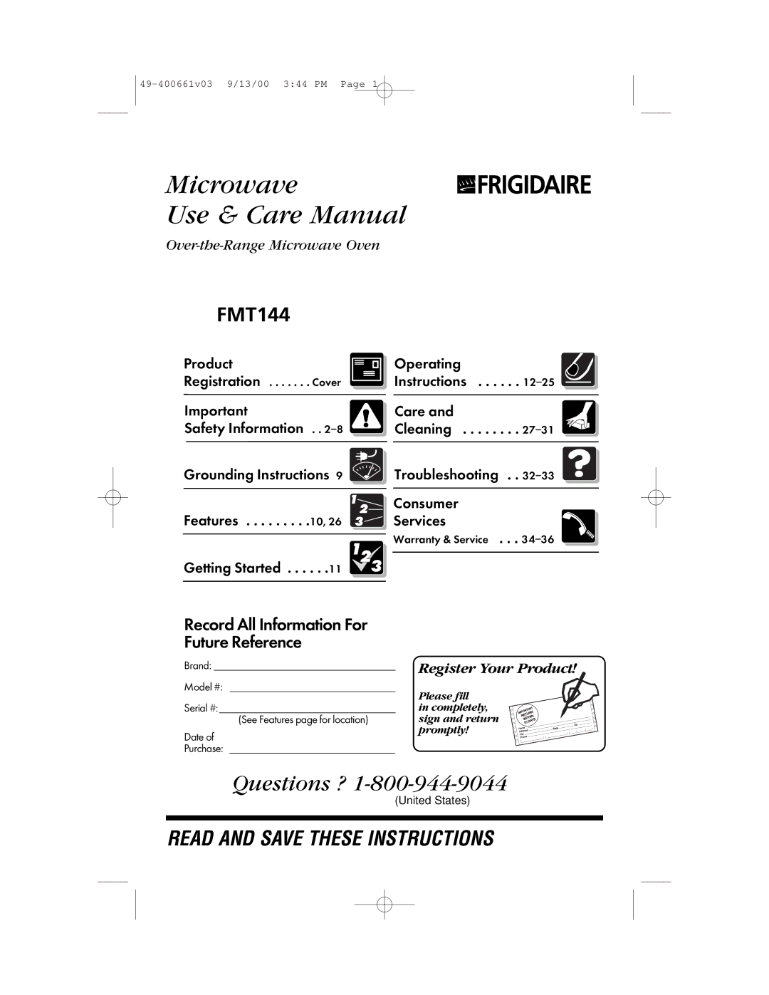 Frigidaire FMT144 warranty Microwave Use & Care Manual 