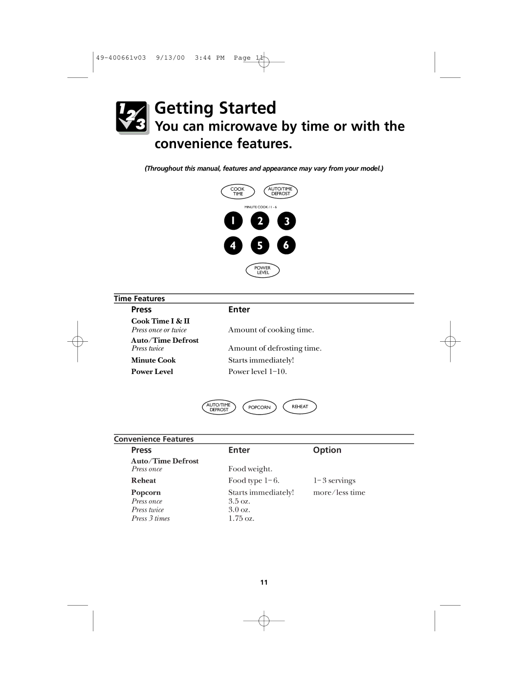 Frigidaire FMT144 warranty Getting Started, You can microwave by time or with the convenience features, Time Features 