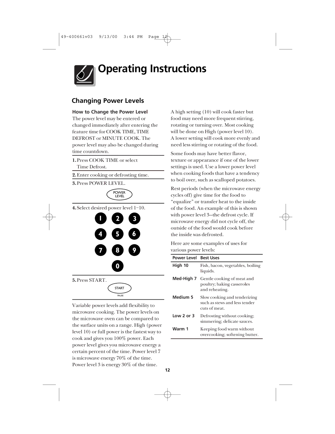 Frigidaire FMT144 warranty Operating Instructions, Changing Power Levels, How to Change the Power Level 