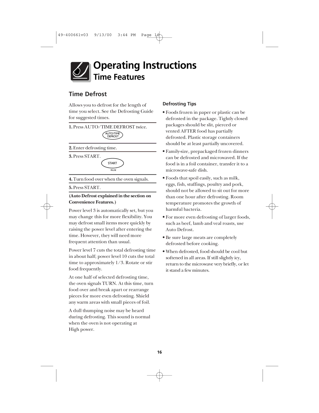 Frigidaire FMT144 warranty Time Defrost, Defrosting Tips 