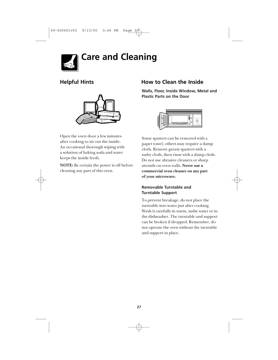 Frigidaire FMT144 warranty Care and Cleaning, Helpful Hints How to Clean the Inside, Removable Turntable Turntable Support 