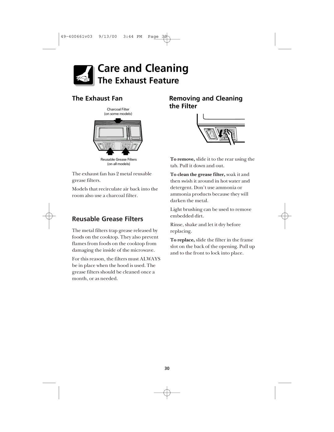 Frigidaire FMT144 warranty Exhaust Feature, Reusable Grease Filters 