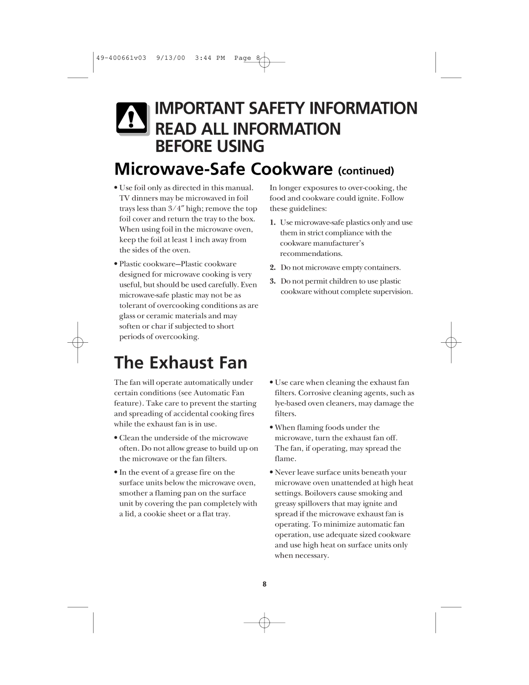 Frigidaire FMT144 warranty Microwave-Safe Cookware, Exhaust Fan 