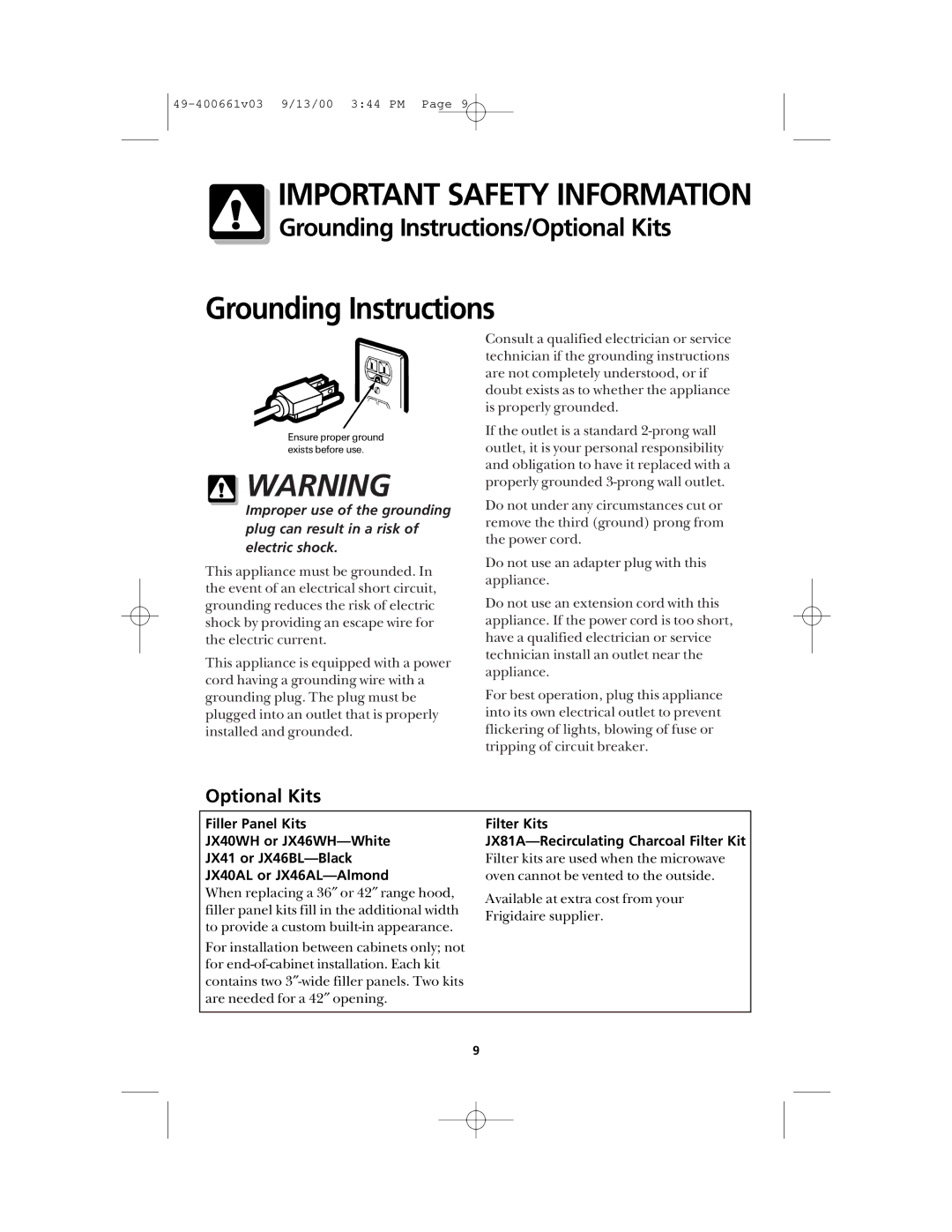 Frigidaire FMT144 warranty Grounding Instructions/Optional Kits 