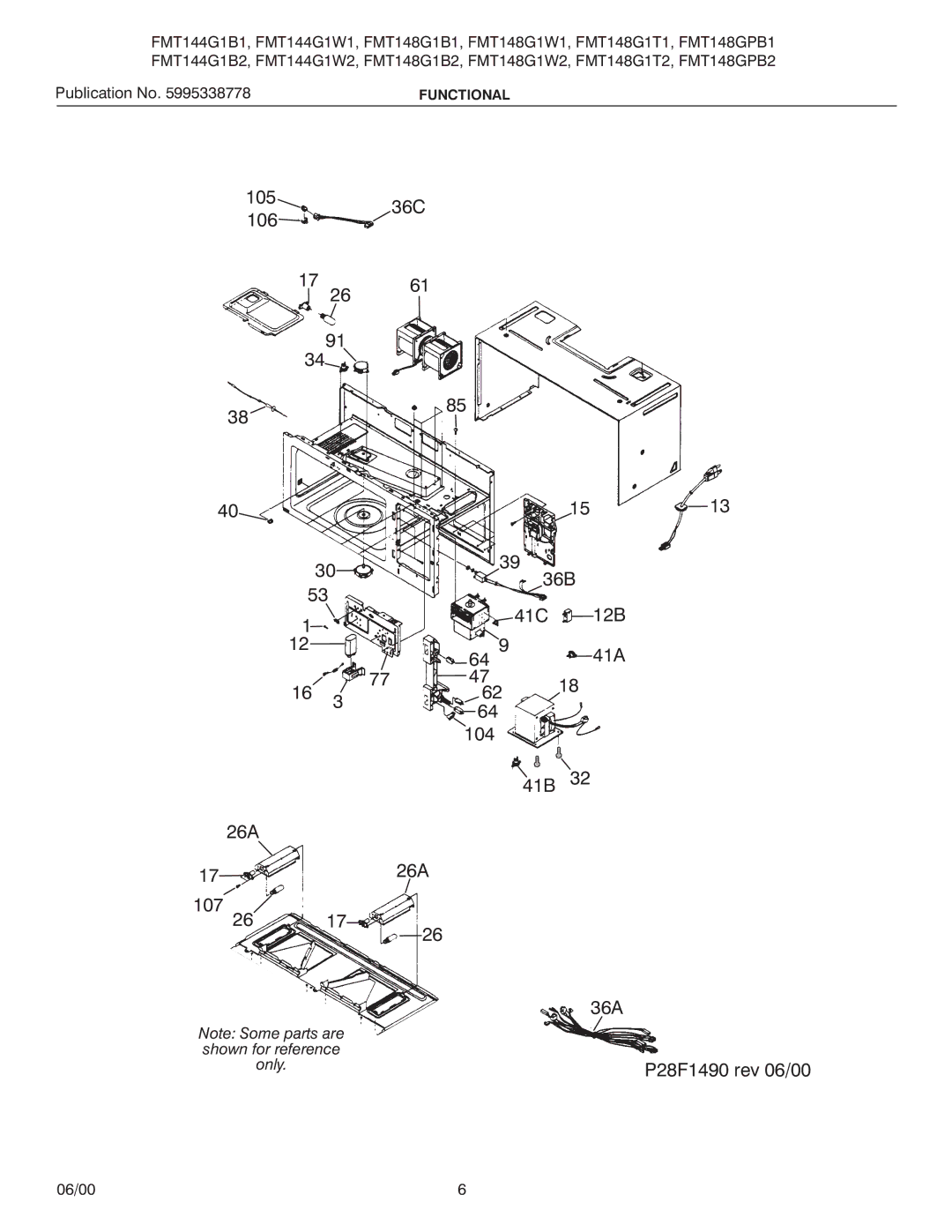 Frigidaire FMT144G1W1, FMT148G1B1 105 106 26A 107 36C 36B 41C 12B 41A, 41B 26A 36A P28F1490 rev 06/00 