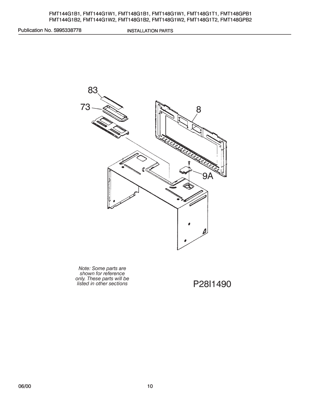 Frigidaire FMT144G1W1, FMT148G1B1 installation instructions P28I1490, Publication No, listed in other sections, 06/00 