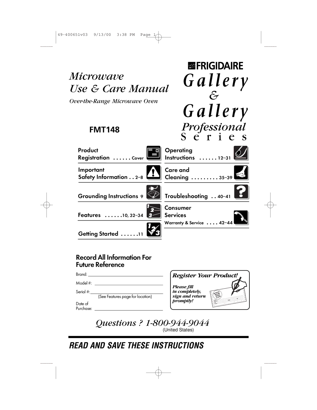 Frigidaire FMT148 warranty Professional 